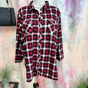 📌Eden & Olivia Red -Black -White Plaid Soft Button Down Shirt w/ Roll Up Sleeve
